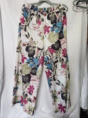 Plus Size Tropical Palazzo Pants 1X/2X White Floral Resort Vacation